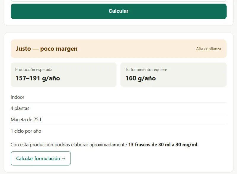 Calculadora de cultivo de cannabis para REPROCANN mostrando cantidad de plantas por ciclo