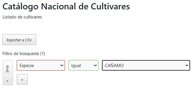 Filtro del catálogo INASE para buscar variedades de Cáñamo con THC menor o igual a 1 por ciento