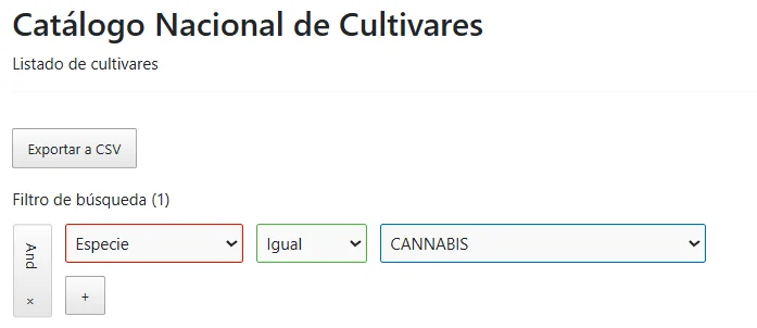Filtro del catálogo INASE para buscar variedades de Cannabis con THC mayor a 1 por ciento